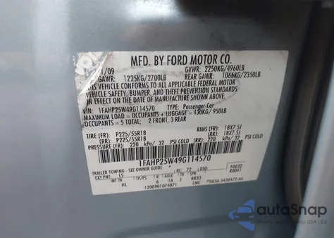 2009 Ford Taurus Limited z USA, uszkodzony, nr VIN 1FAHP25W49G114570